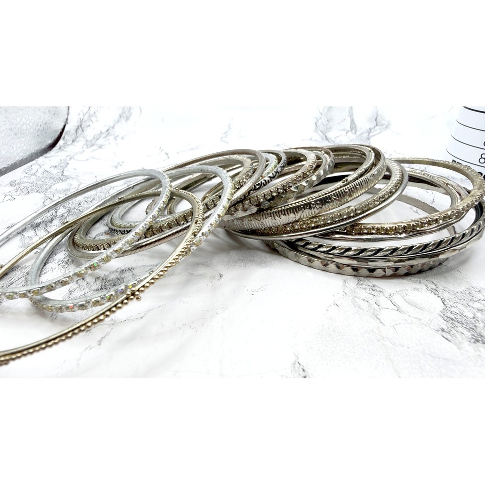 22 Silver Tone Bangle Bracelets‎ Stack w Black Accent Mixed Metal Lot